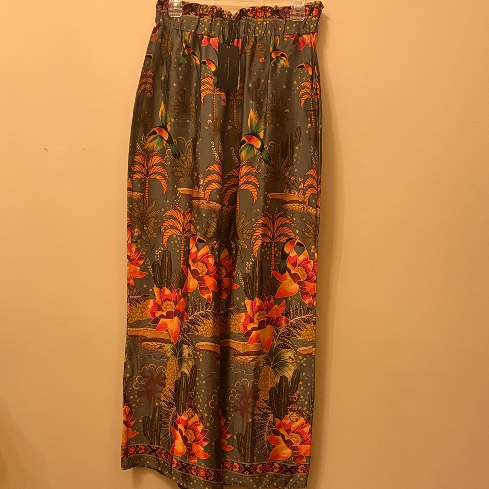Wide Leg Floral Print Pants – Olive with Orange Blooms - NEW